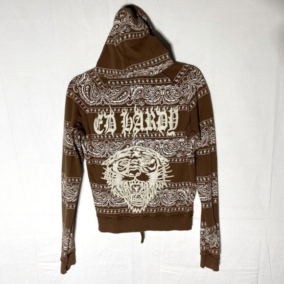 Vintage Y2K Ed Hardy Brown Cream Tiger Paisley Bandana Print Stripe Zip Hoodie M - Picture 1 of 15